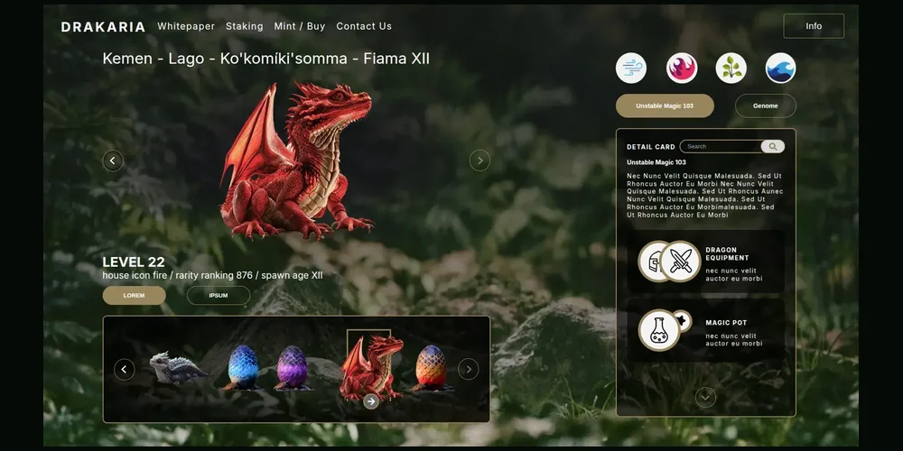 Drakaria collection viewer with dragon display, detail panel and egg carousel