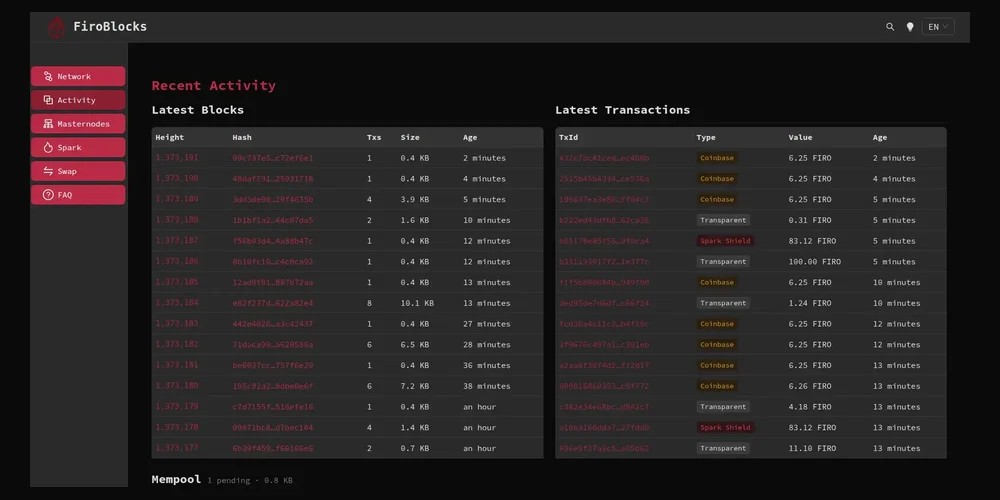 FiroBlocks explorer showing latest blocks and transactions, with transaction types labeled Coinbase, Transparent and Spark Shield