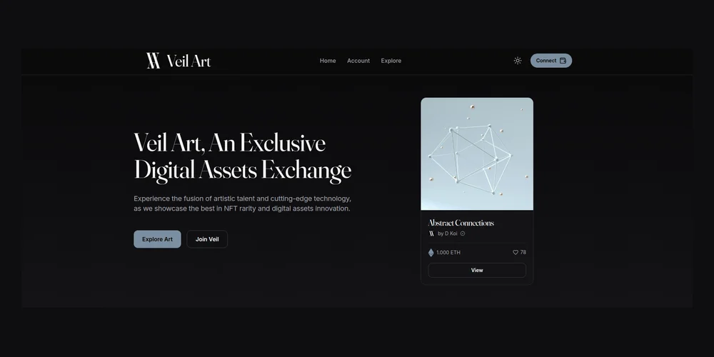 Veil Art NFT marketplace home page with a featured artwork card